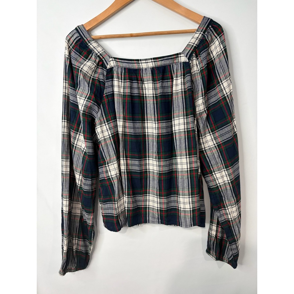 Gap Womens Blouse Top Sz Navy GreenTartan Plaid Square Neck Preppy Old Money - Picture 5 of 7